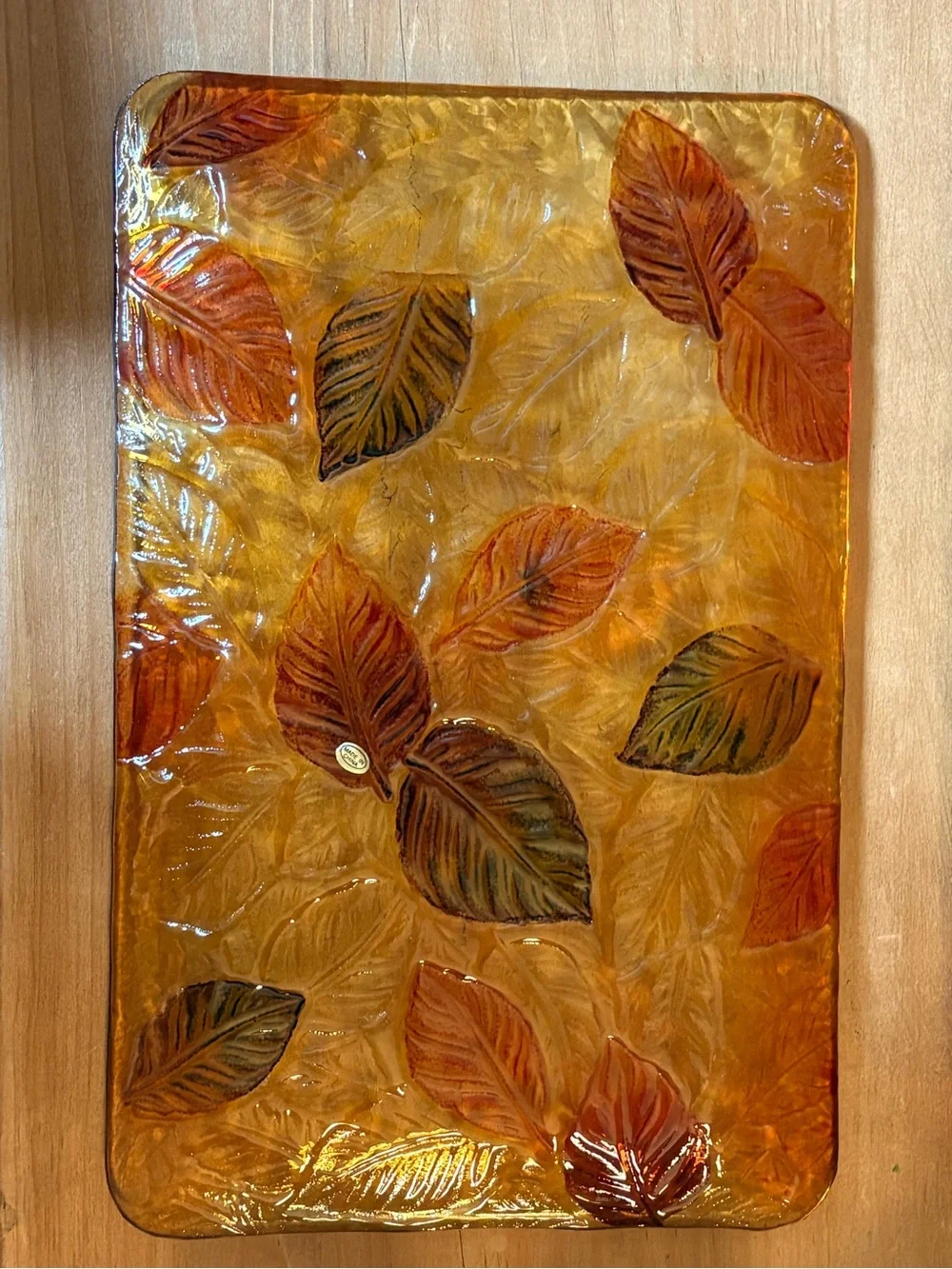 Amber Glass Wall Art Panel with Autumn Leaf Motif